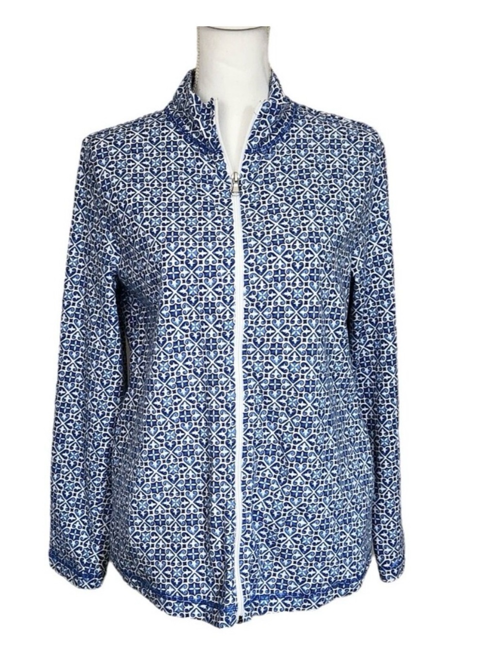 Talbots Hello Saturday Blue Geometric Full Zip Activewear Jacket Small Petite SP